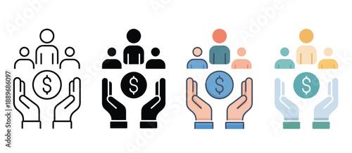 Crowdfunding icon set, showcasing icons for investing in people and ideas, community funding, business growth, and financial support graphics.