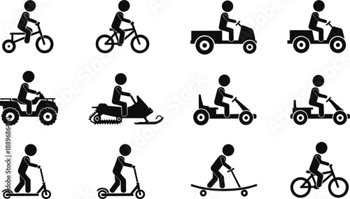 Personal transport silhouette icon set with bicycles scooters go karts snowmobiles skateboards and off road vehicles