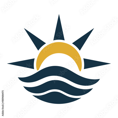 Sun rising over wavy ocean water surface graphic design element icon