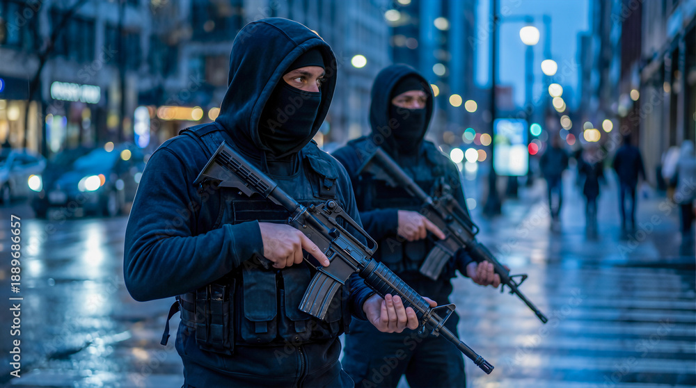 Fototapeta premium Armed individuals in tactical gear stand alert on a city street at dusk, showcasing a serious atmosphere of security and vigilance in an urban environment