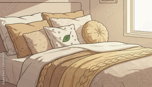 Cozy bedroom interior with plush pillows and soft blankets in warm beige tones near a sunny window