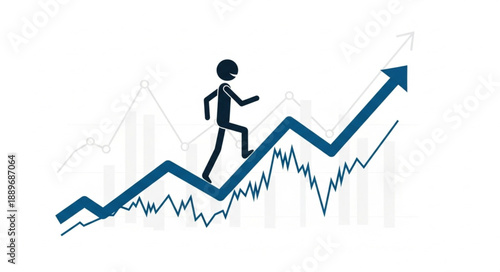 Stick figure climbing up a rising stock market graph.