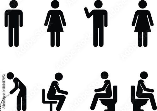 Restroom toilet symbol icon set with male female standing sitting and elderly assistance pictograms