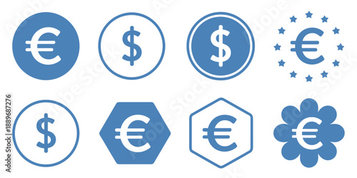 Dollar and Euro currency icon set, featuring money, finance, wallet, payment, and banking symbols as vector illustrations.