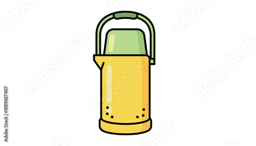 Vintage yellow thermos with green lid and handle on white background simple illustration