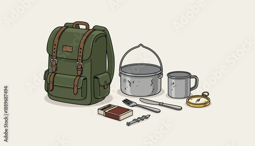 Camping gear and equipment for outdoor adventure travel including backpack pot mug utensils and compass on beige background