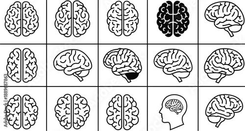 Artificial intelligence head icon collection with brain, neural network and thinking concept