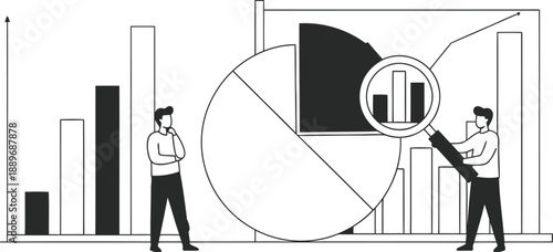 Business analytics teamwork illustration with data charts, reports and strategy discussion