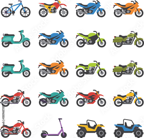 Colorful motorcycle scooter bicycle and quad vehicle icon set for transport mobility and urban travel design