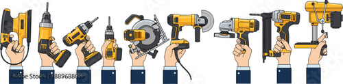 Hand holding power tool illustration set featuring drills saw grinder heat gun and construction equipment