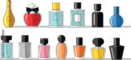 Perfume bottle illustration set featuring luxury fragrance cosmetics packaging glass flasks and beauty product designs