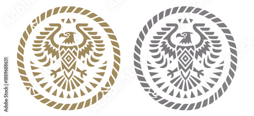 Eagle Native American style label belt buckle design, featuring Western rodeo symbols, cowboy tag illustrations, and stylized vector graphics for Wild West branding, apparel, and event materials.