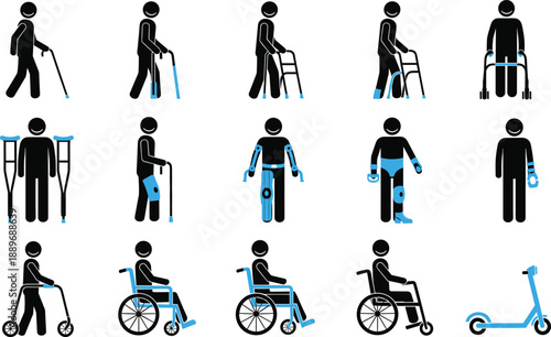 Disability assistance silhouette icon set showing walking aids crutches walkers wheelchairs prosthetics and mobility scooters