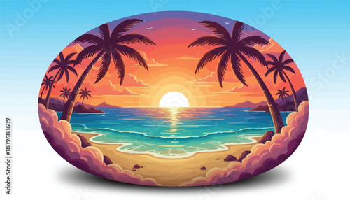 Vibrant tropical beach scene with palm trees at sunset serene ocean waves on sandy shore