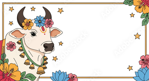 Decorated sacred cow with flowers and bells in a frame border.