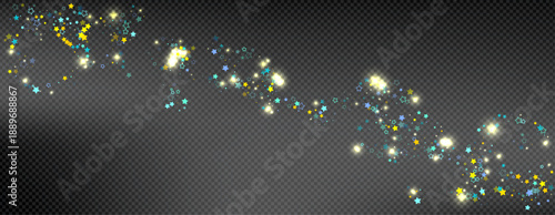 Cyan, Gold, Blue Stars Confetti. Shimmering Shiny particles. Scattered little sparkling, glitter light points. Stellar falling on black background. New Year Christmas background. Vector illustration.