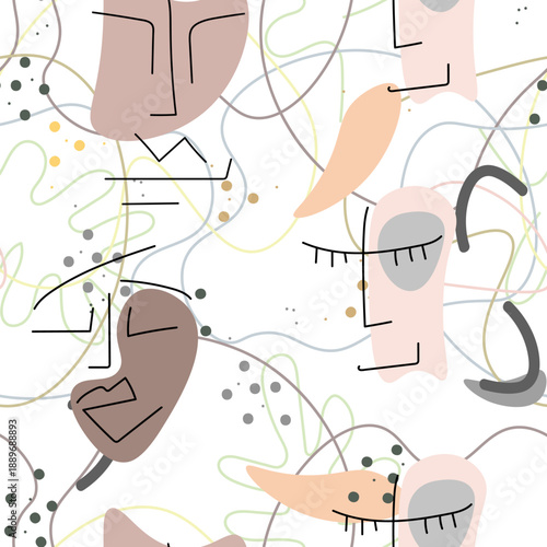 Woman Face line. Abstract drawing seamless pattern. Vector Modern minimal art. Graphics contour background. Continuous one line drawing. Linear design woman and man faces. Beauty modern print.