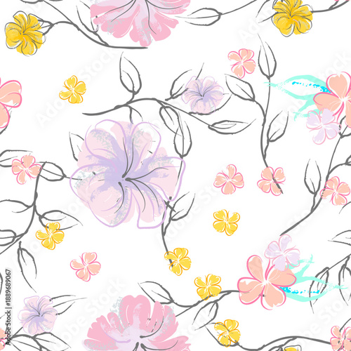 Pink Flowers Blooming Pattern. Pastel Watercolor Floral Print. Little Pink, Yellow, Lilac flower on grey leaf. Elegant brush Background. Seamless Botanical Vector Surface. Texture For Fashion Prints.