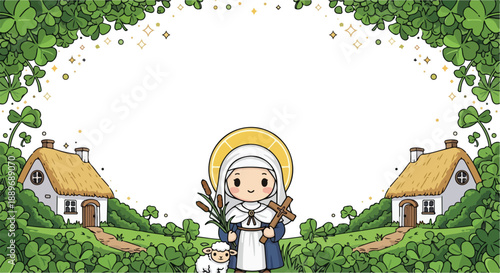 Saint brigid kawaii illustration frame with shamrocks and cottages.