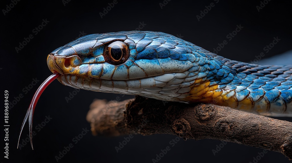 Obraz premium Blue snake slithering on branch with vibrant shimmering scales under studio lighting, dark background close-up tongue flicker, detailed reptile photography material