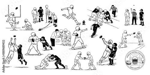 アメリカンフットボールの基本動作と人物ポーズ 線画イラスト集、American Football Basic Actions and Player Poses Line Illustration Set