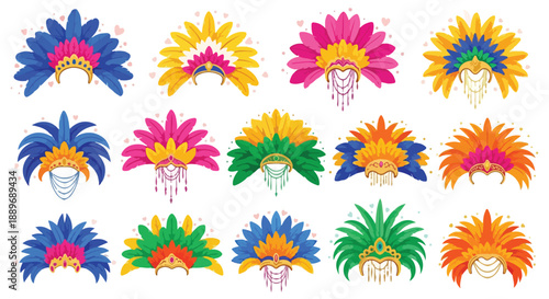 Bright carnival feather headdresses set with golden crowns. 