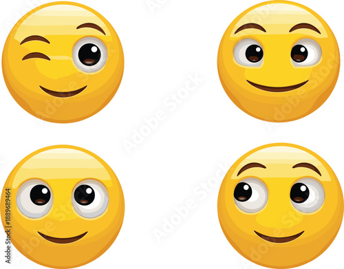 Cute yellow emoji face set with blinking smiling and sideways glancing expressions for chat reaction stickers
