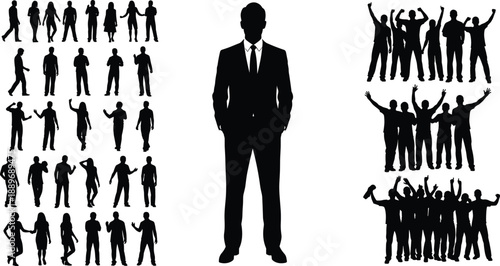 Silhouettes of individuals and groups in dynamic poses, showcasing leadership, individuality, unity, celebration, contrast, social energy