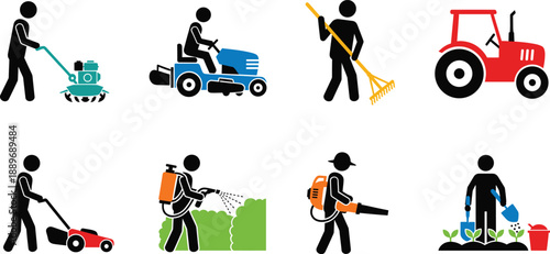 Gardening work silhouette icon set showing lawn mowing raking spraying planting and tractor outdoor maintenance tasks