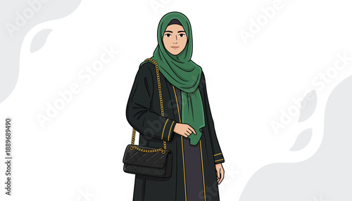 Woman wearing green hijab and black coat standing with bag modern muslim female in stylish outfit for everyday life