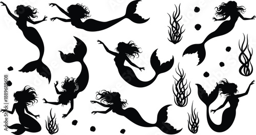 Silhouettes of mermaids with seaweed and bubbles, showcasing underwater motion, fantasy, aquatic ambiance, mythical elegance