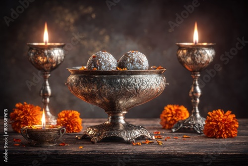 Wallpaper Mural traditional silver plate with Indian sweets like ladoo and barfi surrounded by diyas and marigold flowers, soft festive lighting, no text. Torontodigital.ca