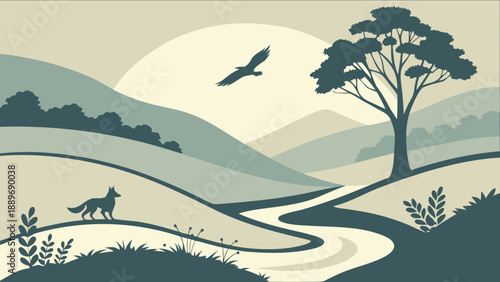 Minimal River Valley with Wildlife Vector Illustration