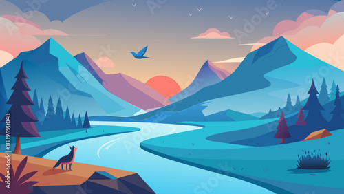Minimal River Valley with Wildlife Vector Illustration