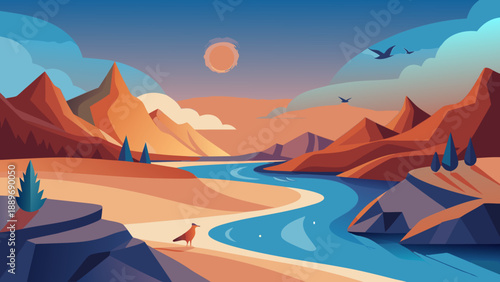 Minimal River Valley with Wildlife Vector Illustration