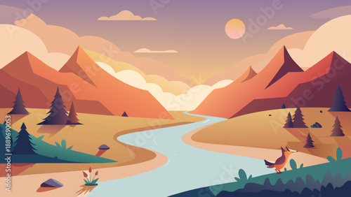 Minimal River Valley with Wildlife Vector Illustration