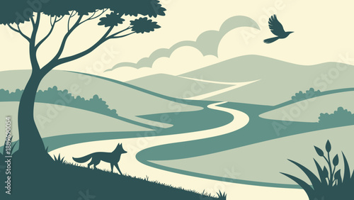 Minimal River Valley with Wildlife Vector Illustration