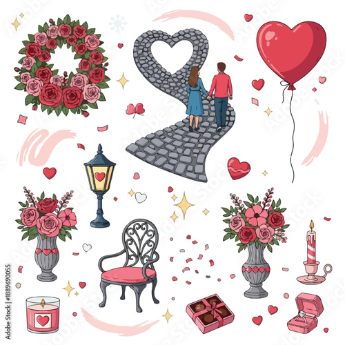 Hand drawn romantic date night elements pattern.