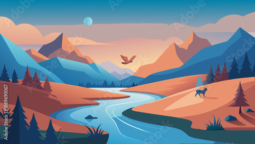 Minimal River Valley with Wildlife Vector Illustration