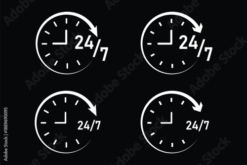 24 Hrs icon for websites and mobile minimalistic flat design. 24 Hrs icons, editable stroke, flat design style. 24/7 service icon. 24 hours icons. Vector graphic. 24 7 Emergency call services icons
