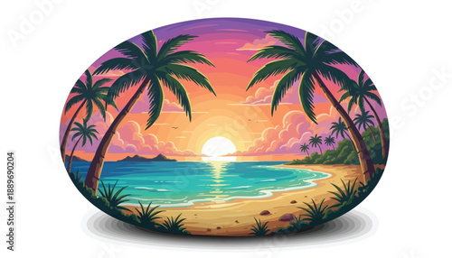 Vibrant tropical beach scene with palm trees at sunset serene ocean waves on sandy shore