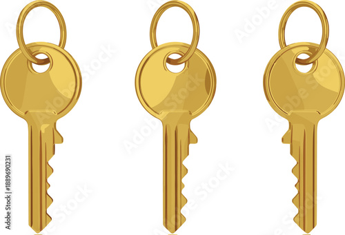 Three golden house keys with rings isolated on white representing security property access and real estate ownership