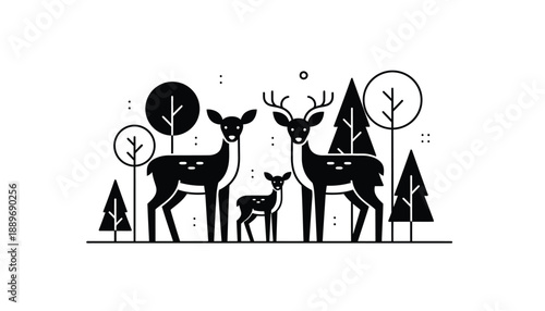 Black silhouette of deer family in forest with trees and foliage natural scenery wildlife scene peaceful atmosphere forest animals deer with antlers fawn wildlife illustration