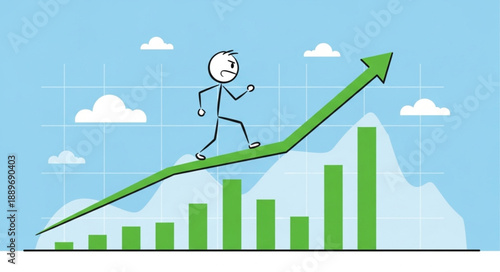 Stick figure running up a green upward trending graph representing financial growth.
