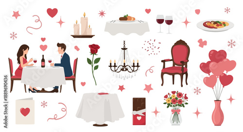Romantic dinner and valentine's day date elements vector set.