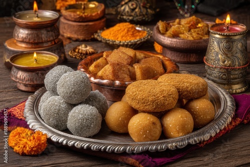 Wallpaper Mural traditional silver plate with Indian sweets like ladoo and barfi surrounded by diyas and marigold flowers, soft festive lighting, no text. Torontodigital.ca