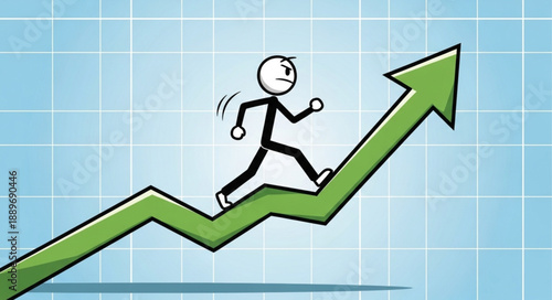 Stick figure running up a green upward trending graph representing success.