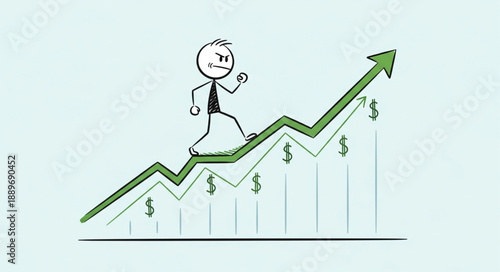 Stick figure running up a rising stock market graph with dollar signs.