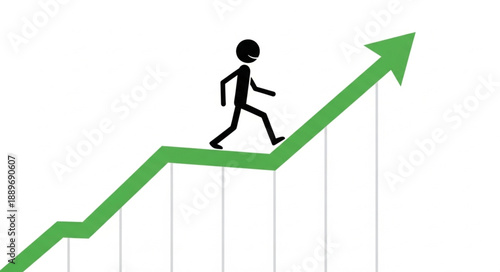 Stick figure walking up a green upward trending graph representing success and growth.