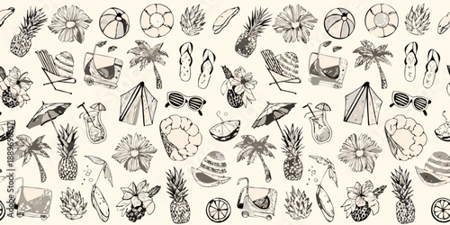 Summer themed illustrations a repeating pattern of beach and tropical items